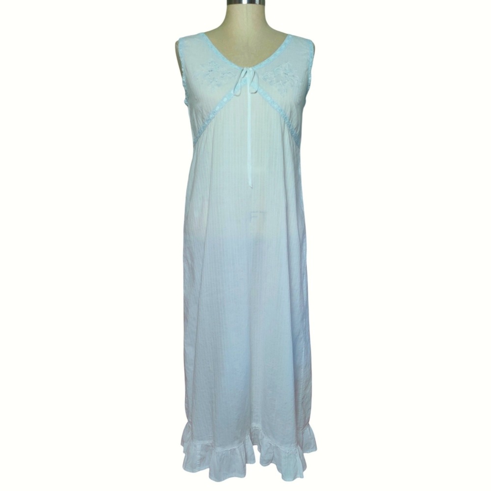 Vintage Cherokee White Cotton Babydoll Nightgown Blue Lace Ribbon Coquette Small